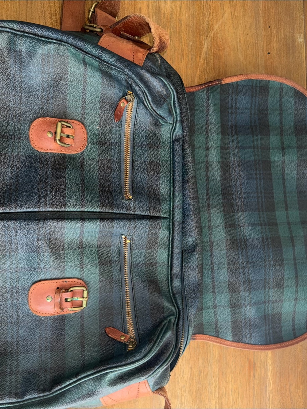 Polo by Ralph Lauren Green and Black Plaid Leather-Trim Backpack